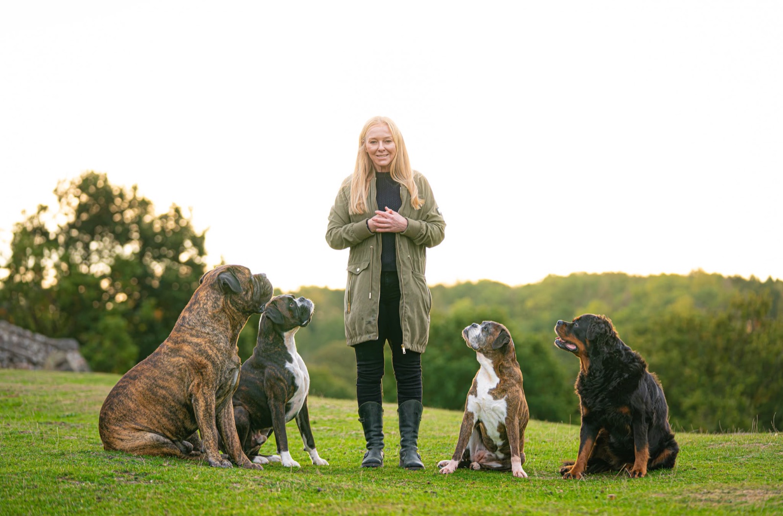 Jo standing in Bradgate Park with three Boxers and Ida the Rottweiler